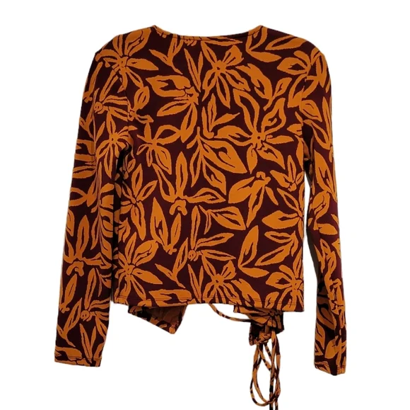 Zara Floral Wrap Crop Sweater Jacket Long Sleeve Orange Red Leaf Pattern Tie EUC - Picture 5 of 14